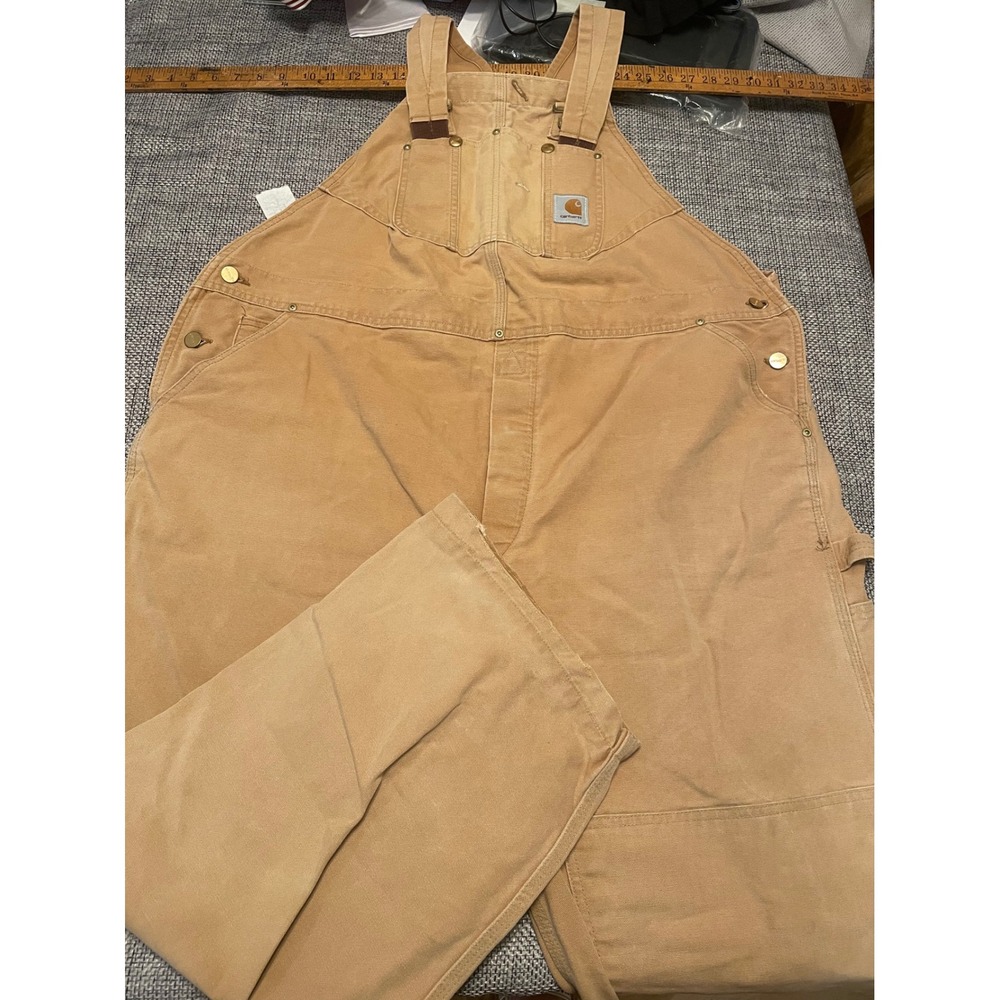 Carhartt Duck Bib Overalls Brown Canvas Double Knee Workwear Mens large Approx